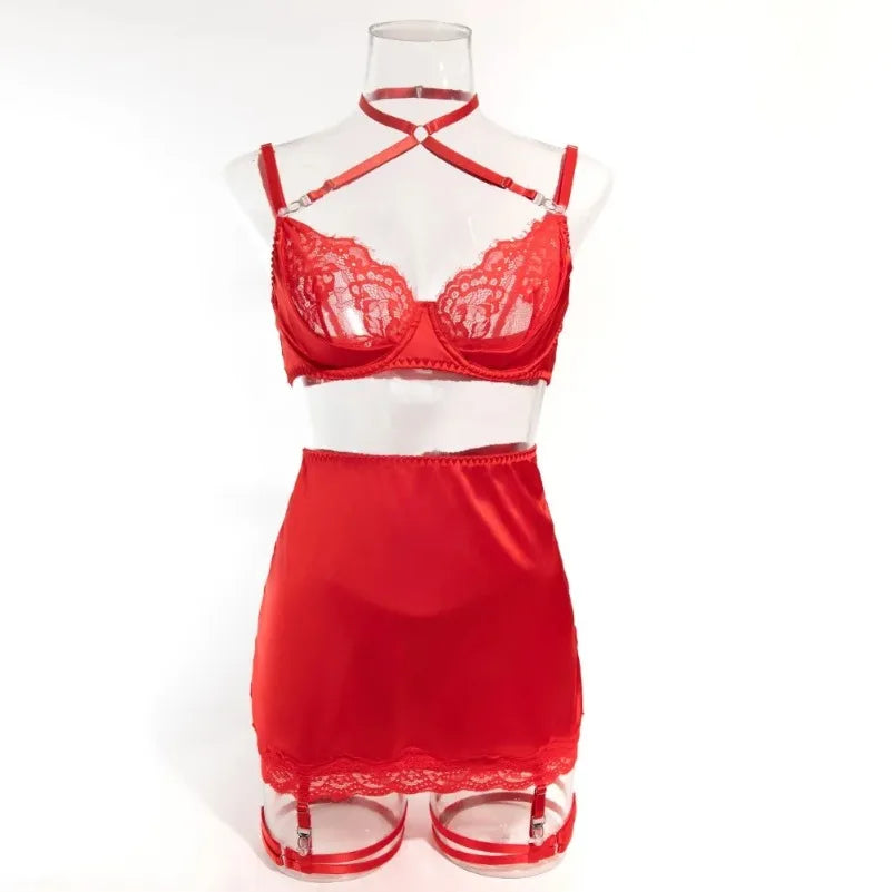 4 Pieces Sexy Lingerie Sets Women Hot Halter Lace Bra and Panty Garters Mini Skirt Set Sissy Erotic Costumes Romantic Underwear