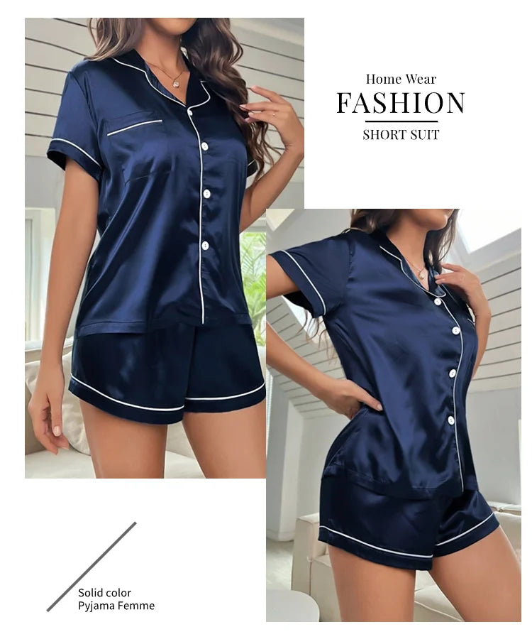 Women's Pajamas Set Summer Short Sleeve Button Down Top & Shorts Two-piece Pj Sets Sleepwear Loungewear Pyjama Femme Nightwear