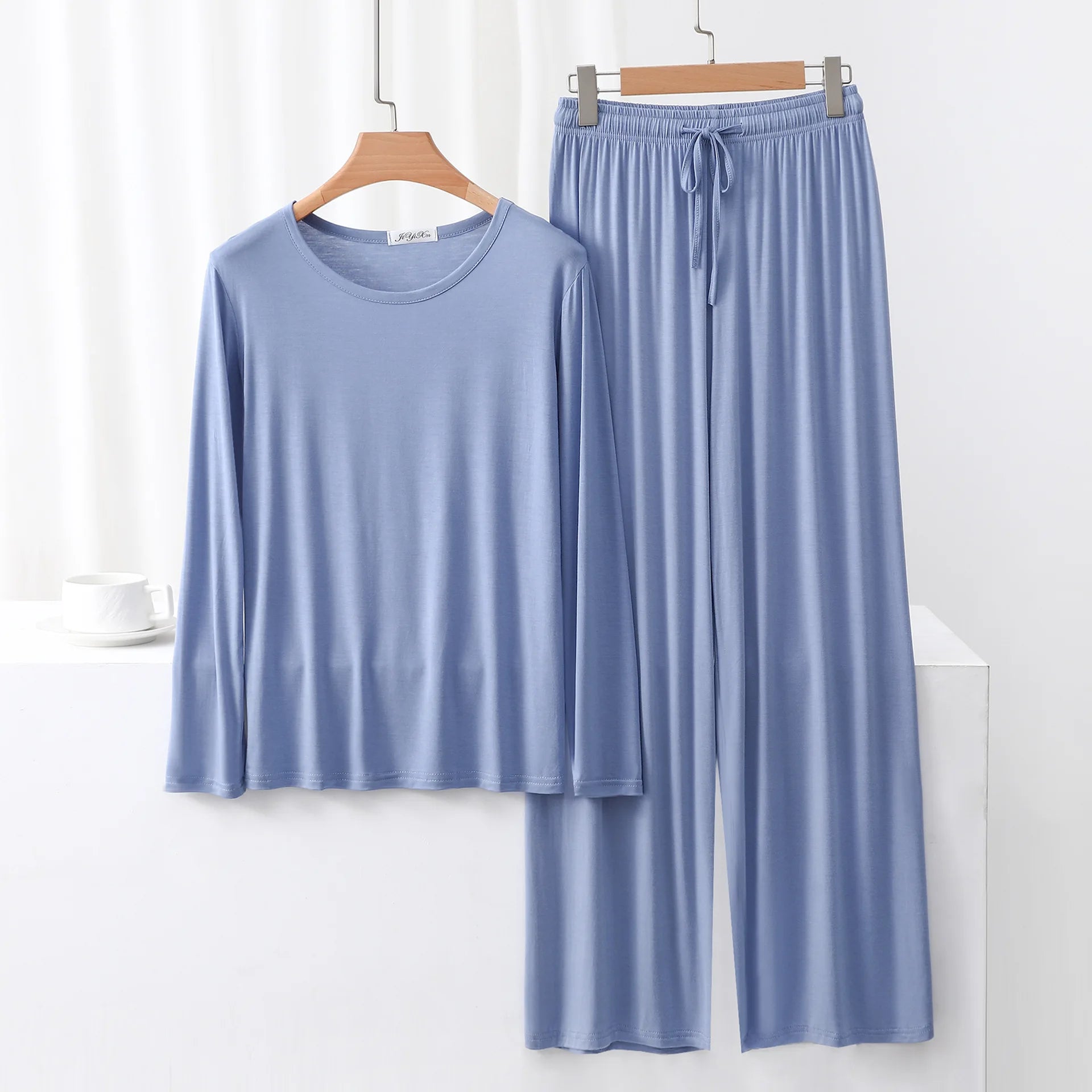 Modal Pajama Sets 2 Piece O-Neck Long sleeved Tshirt and Wide Leg Pant Ankle Length Loose sleepwear set Comfort homewear suits