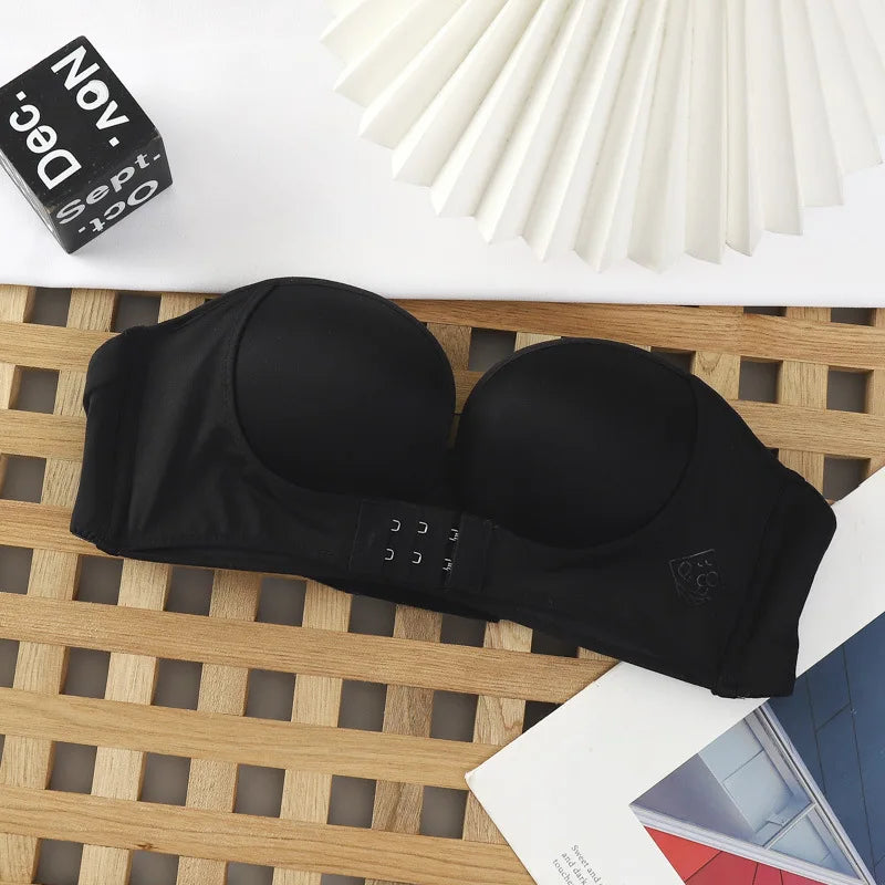 Strapless Non Slip Invisible Bra for Women Front Closure Adjustable Push Up Bra Bralette with Breathable Gather Backless Bra