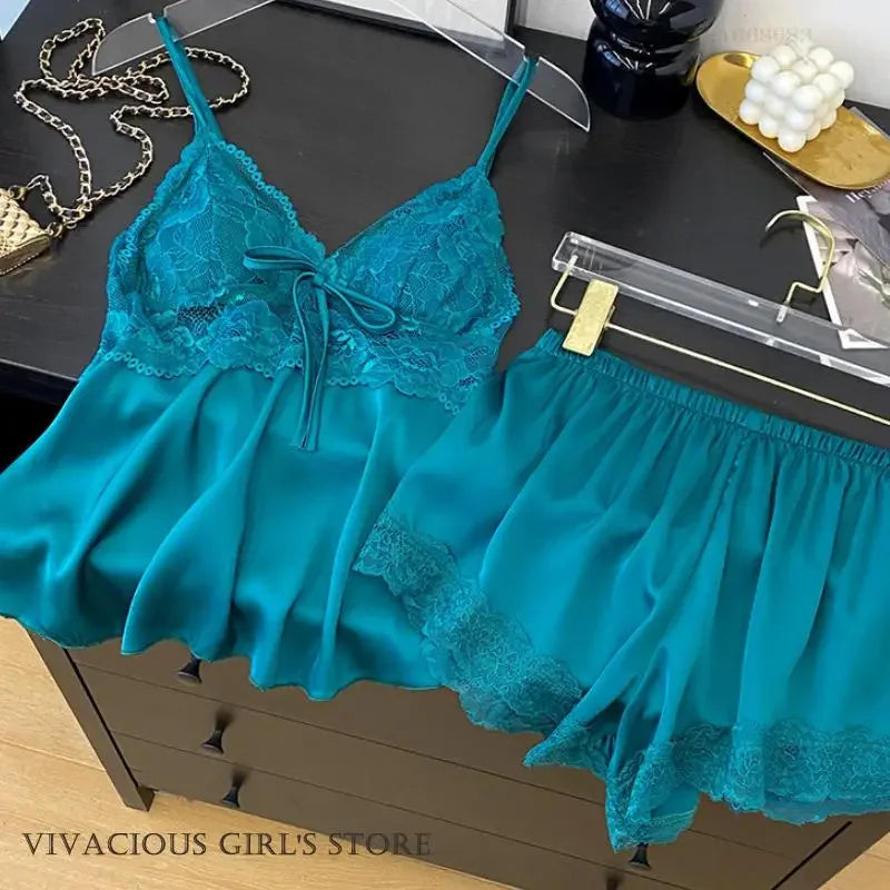 Sexy Intimate Lingerie Pajamas Set Hollow Out Lace Cami Shorts Pijamas Suit Spring Summer New Sleepwear Home Clothes Loungewear