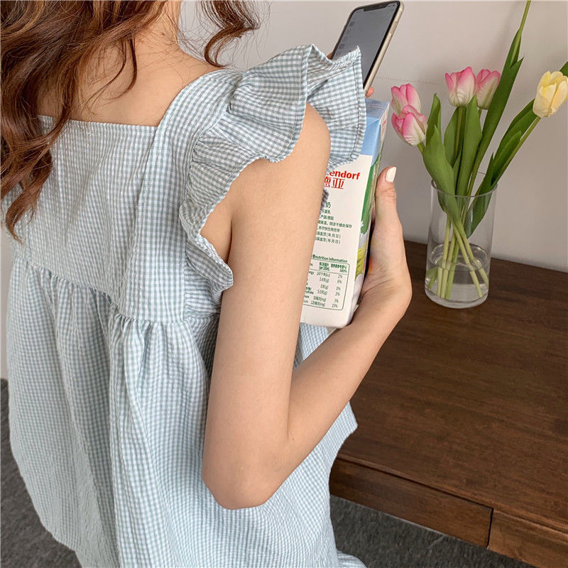 Pajama Sets Women Chic Square Collar Sweet Sleeveless All-match Home Plaid Cozy Sleepwear Korean Style Casual Summer Loose New