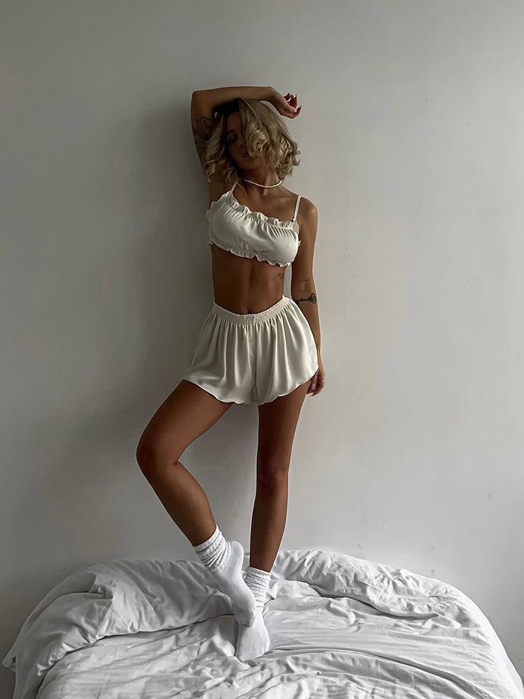 Sexy Pyjamas Sets 2 Pieces Suits Women Fashion Streetwear Sheath Sleeveless Slash Neck Tracksuits(Tops+Shorts)Bodycone Female