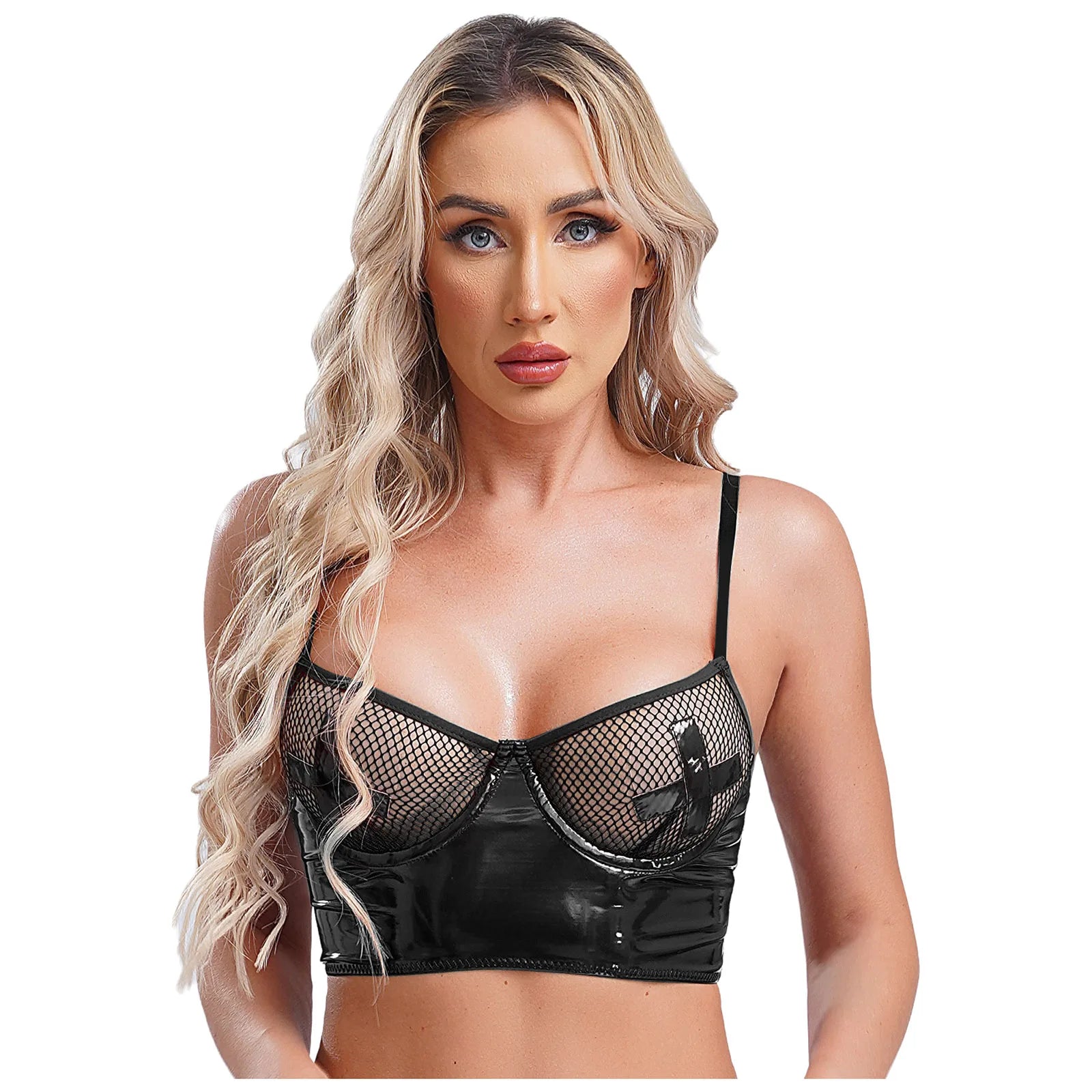 Womens Lingerie Fishnet Mesh Bra Bustier See Through Mesh Underwire Balconette Back Zipper Bras Sexy Push Up Wet Look Crop Top