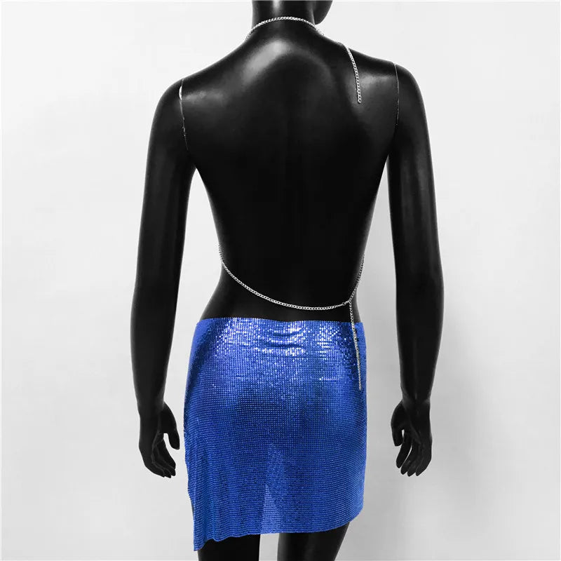 Sexy Metal Sequins 2 Piece Set Women Sleeveless Deep V Neck Backless Halter Tank Tops Split Mini Skirts Beach Party Outfits