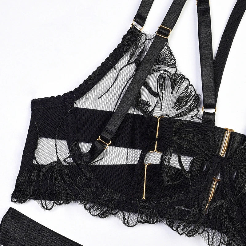 Lace Bras Embroidery Lingerie Sets Bra Garter Panty Sets Exotic Lingerie for Ladies Sexy Mesh Bra Intimate Outfits Transparent