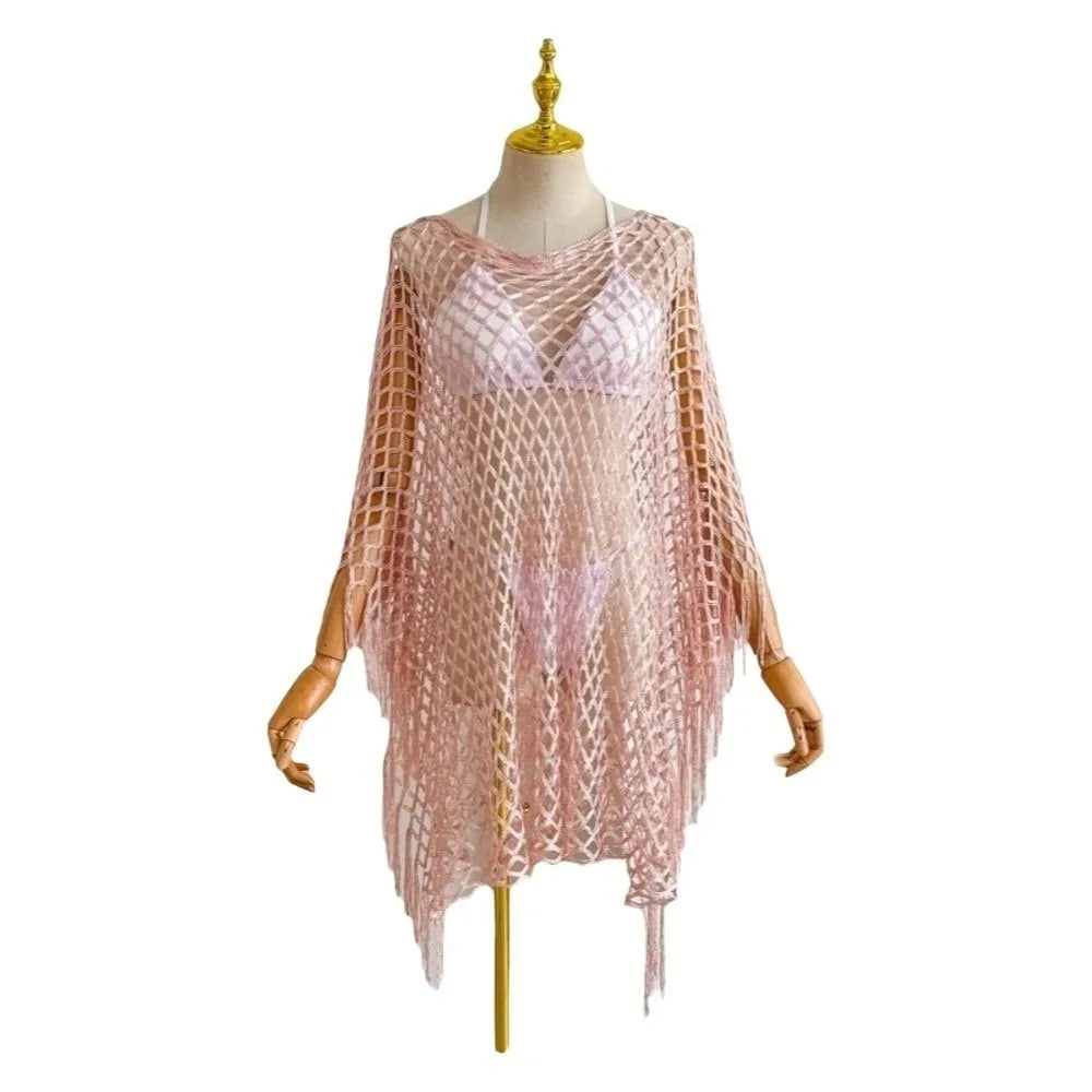 Fashion Tassel Sunscreen Cover-up Loose Fit Plus Size Bohemian Shawl Casual Crochet Fishnet Swimsuit Cover Up Summer