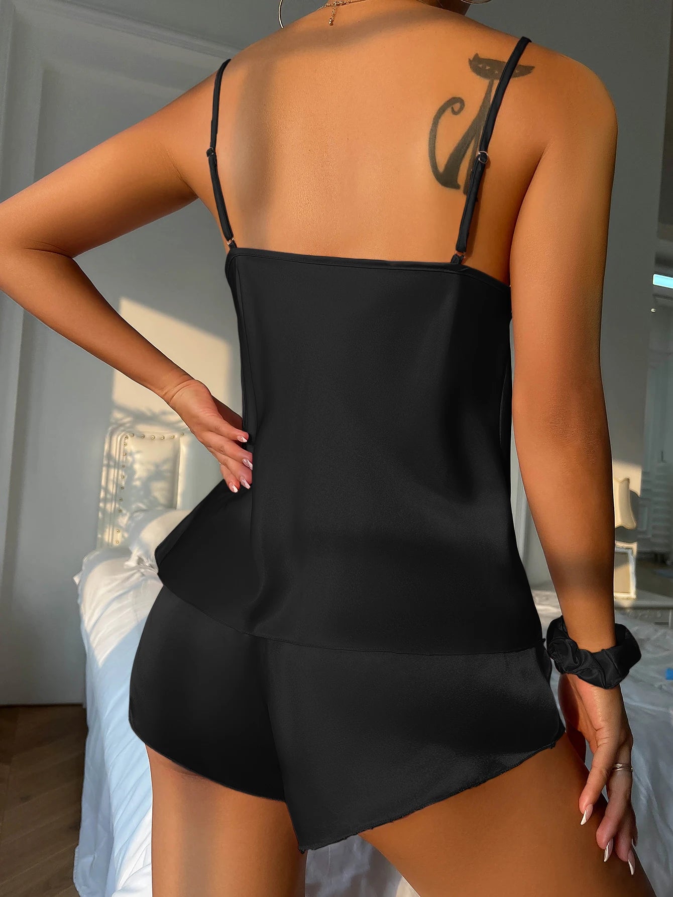 Summer Solid Satin Silk Pajamas Set for Women Sleepwear  V Neck Cami Top and Elastic Waistband Shorts Homewear Loungewear