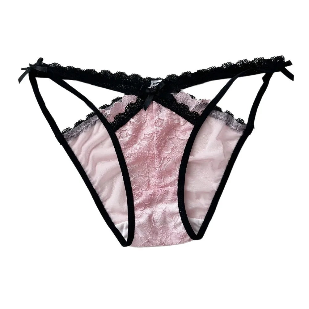 Lingerie Bow Lace Flower Panties Seamless Mid Waist French Style Briefs Hollow Transparent Lace Mesh Briefs Lady