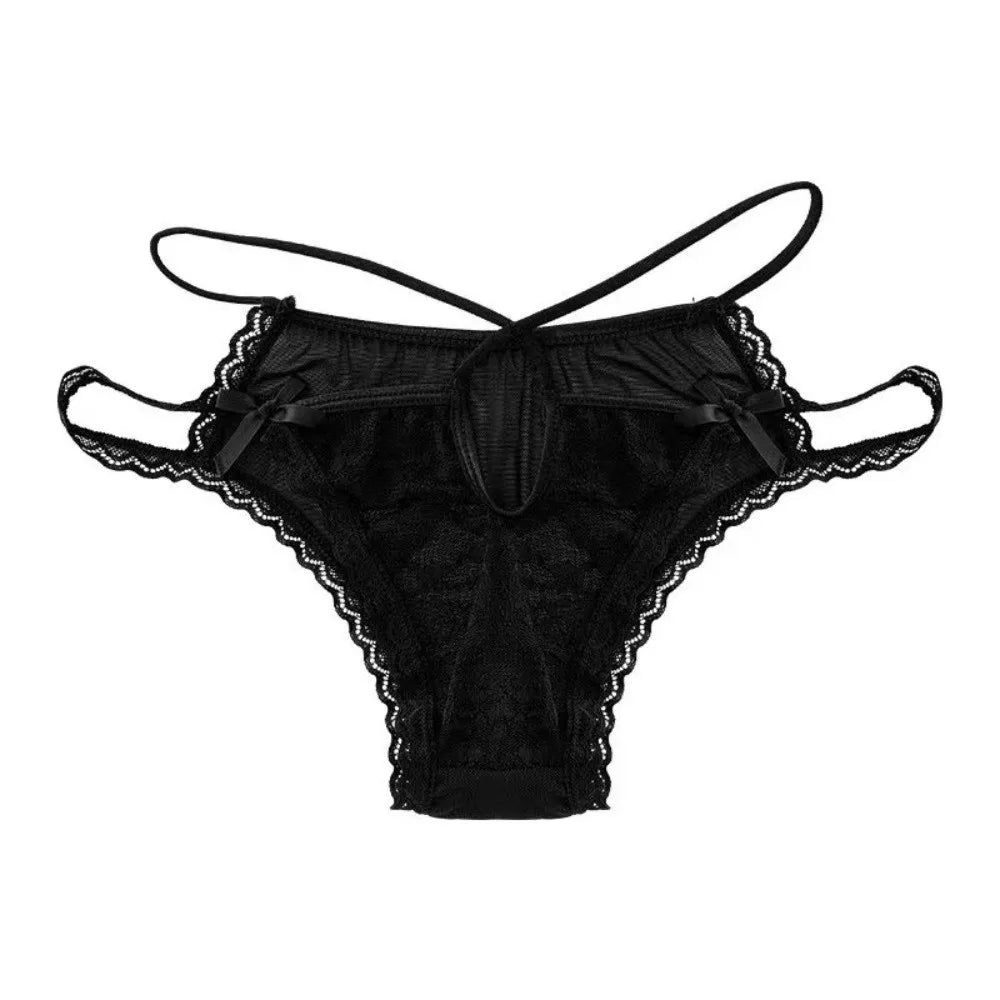 Lingerie Bow Lace Flower Panties Low Waist Hollow French Style Briefs Transparent Thin Strap Lace Mesh Briefs Gifts