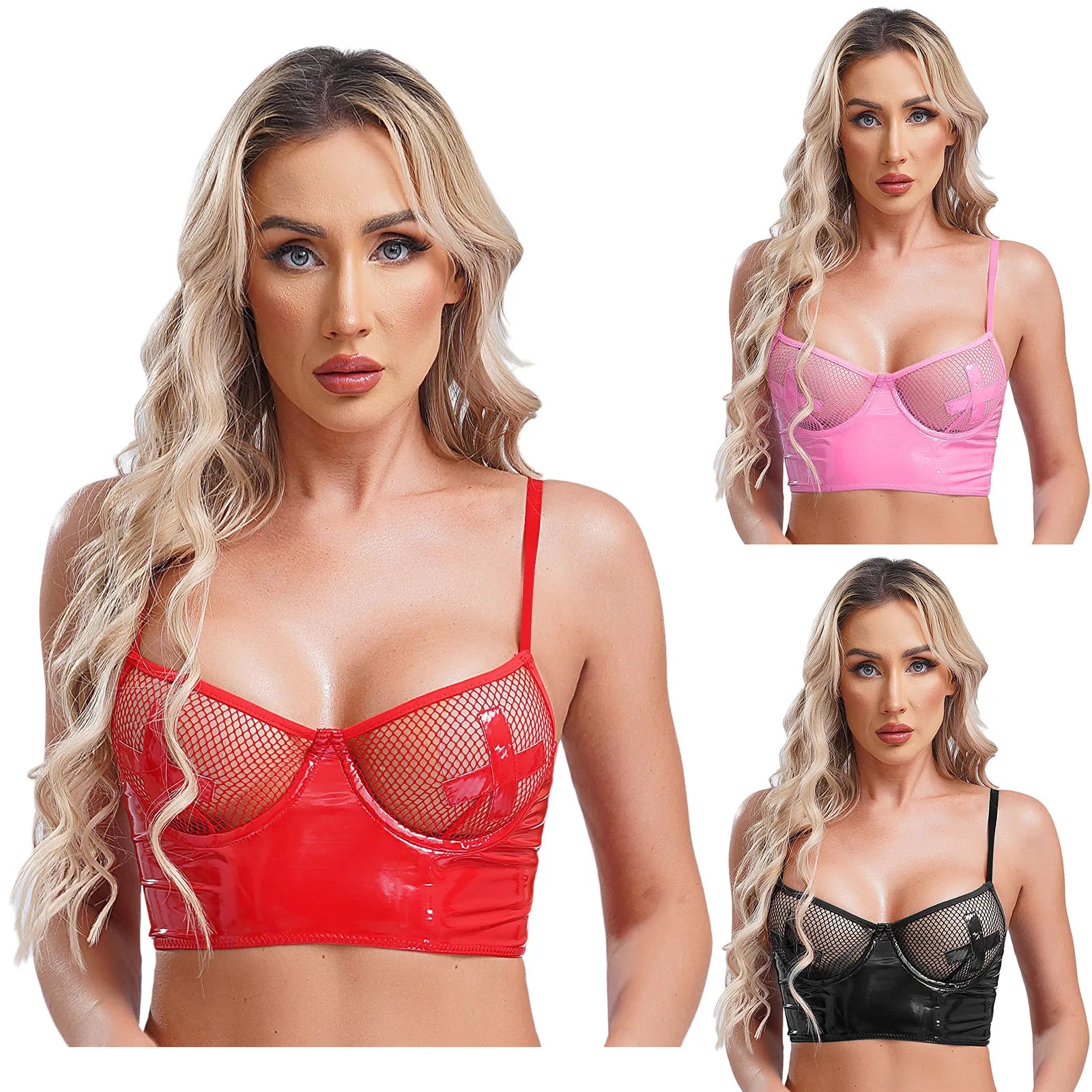 Womens Lingerie Fishnet Mesh Bra Bustier See Through Mesh Underwire Balconette Back Zipper Bras Sexy Push Up Wet Look Crop Top