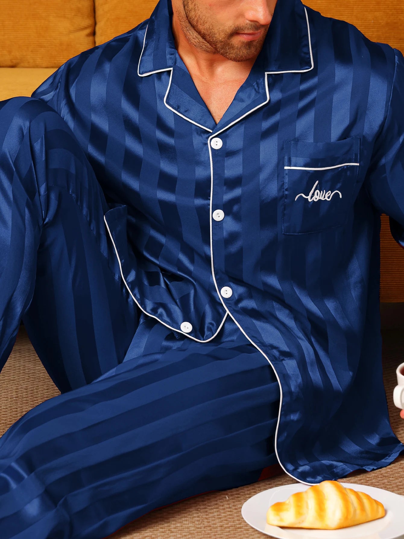 Two piece sets men's pajamas autumn and winter silk satin long sleeved pants casual minimalist letter embroidered sleepwear set