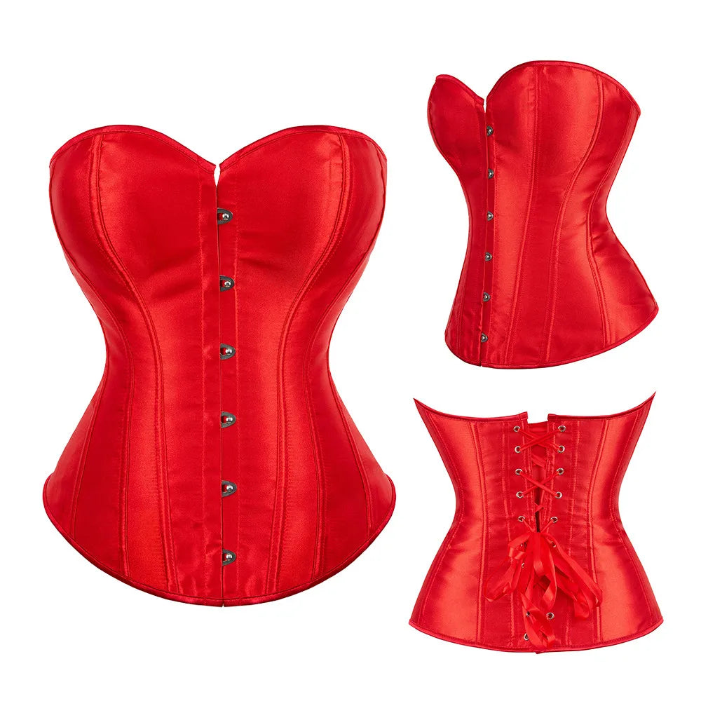 Corset Top Bustier Overbust Women Sexy Satin Lingerie Corselet Plus Size Red Black Green Pink Brown Gold Purple