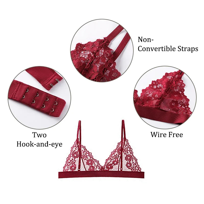 Plus Size Romantic Full Lace Bralette for Women Sexy French Style Sheer Wireless Bra Ultra Thin Hollow Out Demi Cup Brassiere