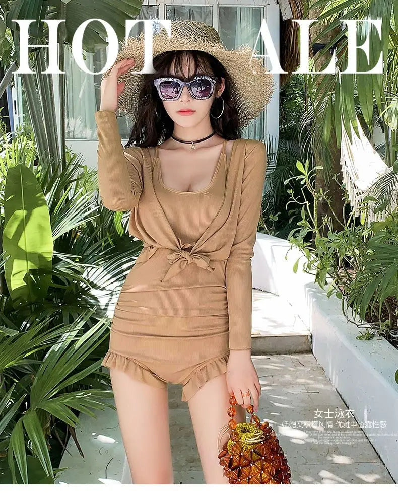 2025 New Swimsuit Women's Belly-covering Slim Swimsuit Conservative Meat-covering Ins One-piece Sexy Long-sleeved Swimsuit Beach
