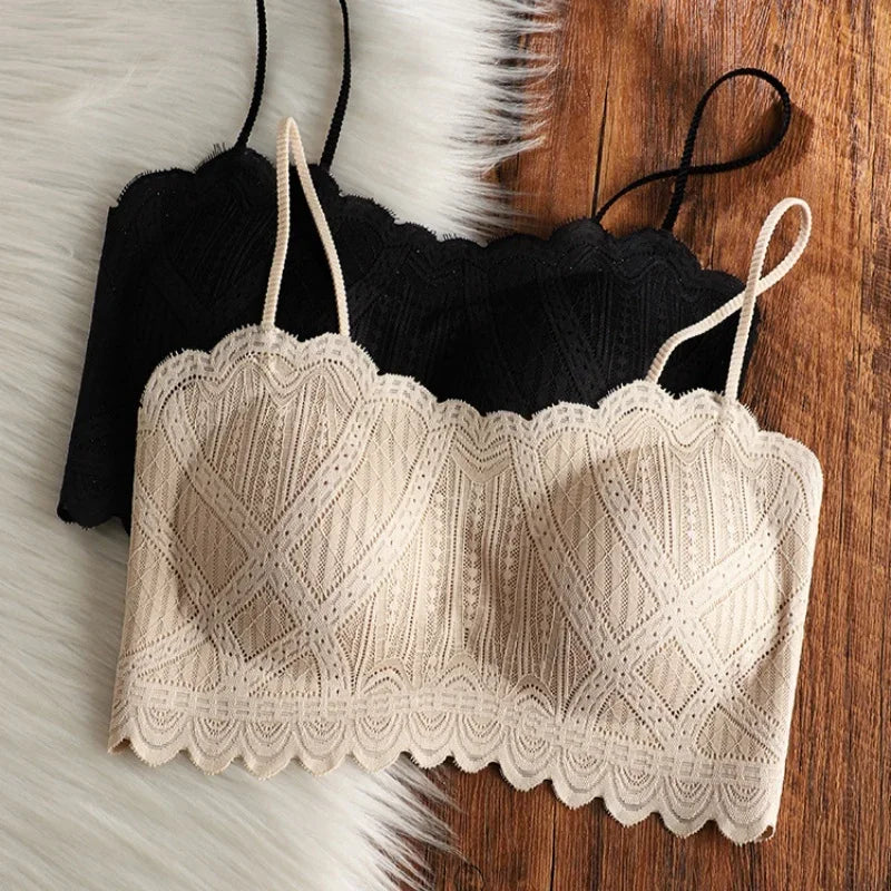 Seamless lace backrest lingerie one-piece with chest pads and a strapless ice silk strappy bra wrapped around the chest
