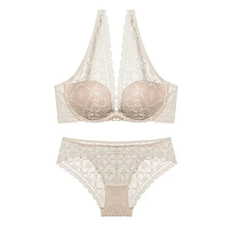 Sexy Lace Lingerie Set Deep V Plunge Bra Wireless Comfort Bralette Matching Bra Panty Set Women