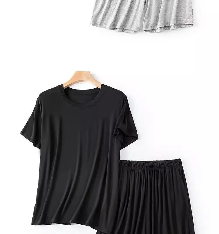 Modal Pajama Set Men's Round Neck Pajama Set for Summer Casual Wear Solid Color Loose Short Sleeved Shorts Two-piece Set Male