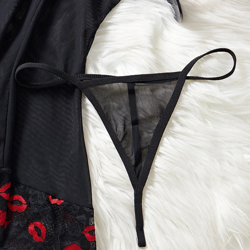 New Transparent Sexy Red Lips Love Print Lace Women's Strap Dress Deep V Bow Corset Sleeping Skirt Set Erotic Babydolls Lingerie
