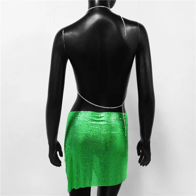 Sexy Metal Sequins 2 Piece Set Women Sleeveless Deep V Neck Backless Halter Tank Tops Split Mini Skirts Beach Party Outfits