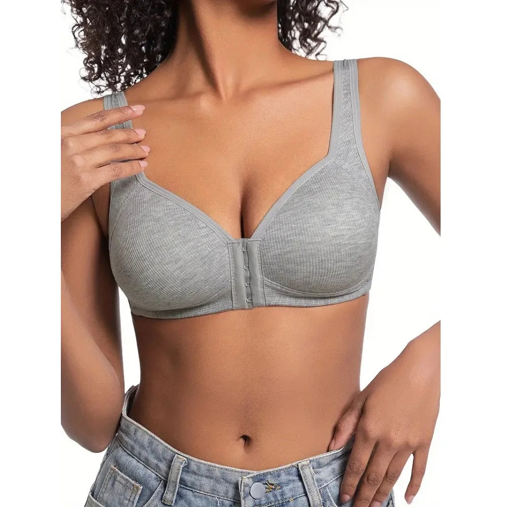Women's Bra Wire-Free Front Closure Solid Color Full Coverage 3D Cups More Considerate for Middle-Aged And Elderly Individual