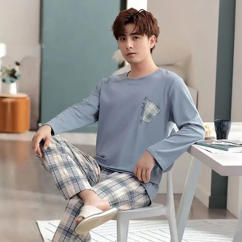 Men‘s Pajama Set Long Sleeve Black Striped Spring and Summer Youth Student Nightwear Loungewear Two Piece Set Sleepwear Homewear