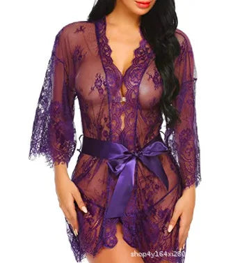 Plus Size Women Sexy Lingerie Robe  Porno Sleepwear Nightgown Lace See Through Dress Transparent Babydoll Erotic Nightwear Set