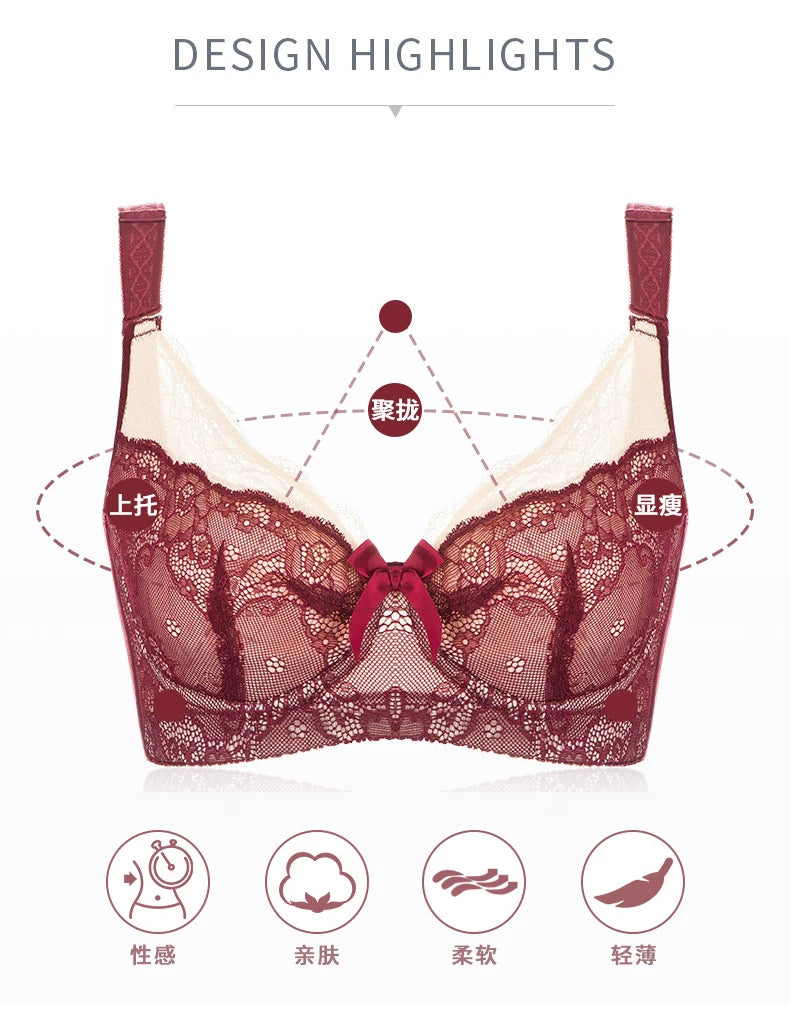 Lace Bra Women's Full Coverage Lightly Padded Underwire Balconette 34 36 38 40 42 44 46 B C D E F G H I J