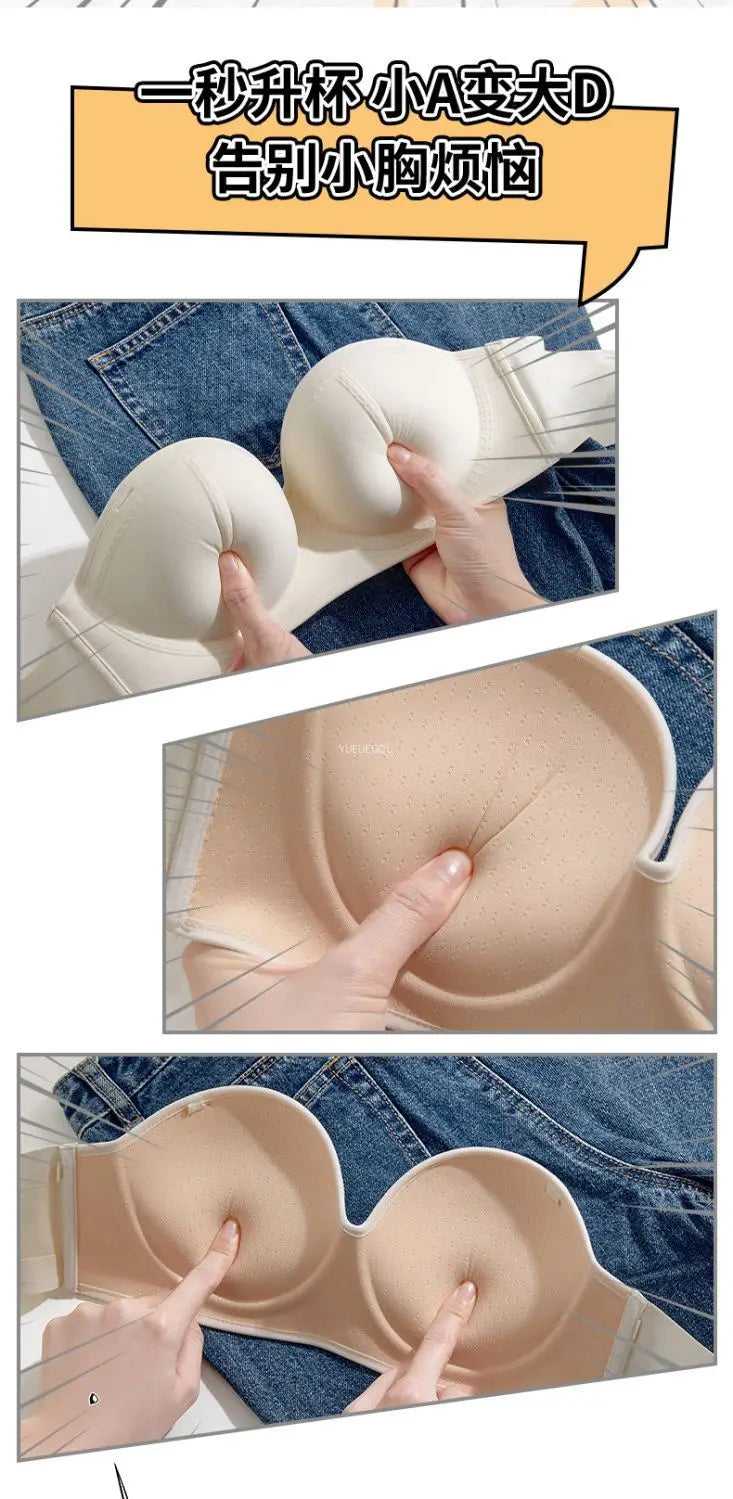 Strapless Push Up Bra 10CM Extreme Lift for Small Bust Backless Adhesive Plunge Bra No Slip Convertible Ultra Padded
