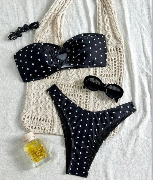 2026 Bikini Woman 2025 Swimsuit Women Printed Bikinis Black Bandeau Top Thong Bottom Swimwear Polka Dot Two Piece High Cut