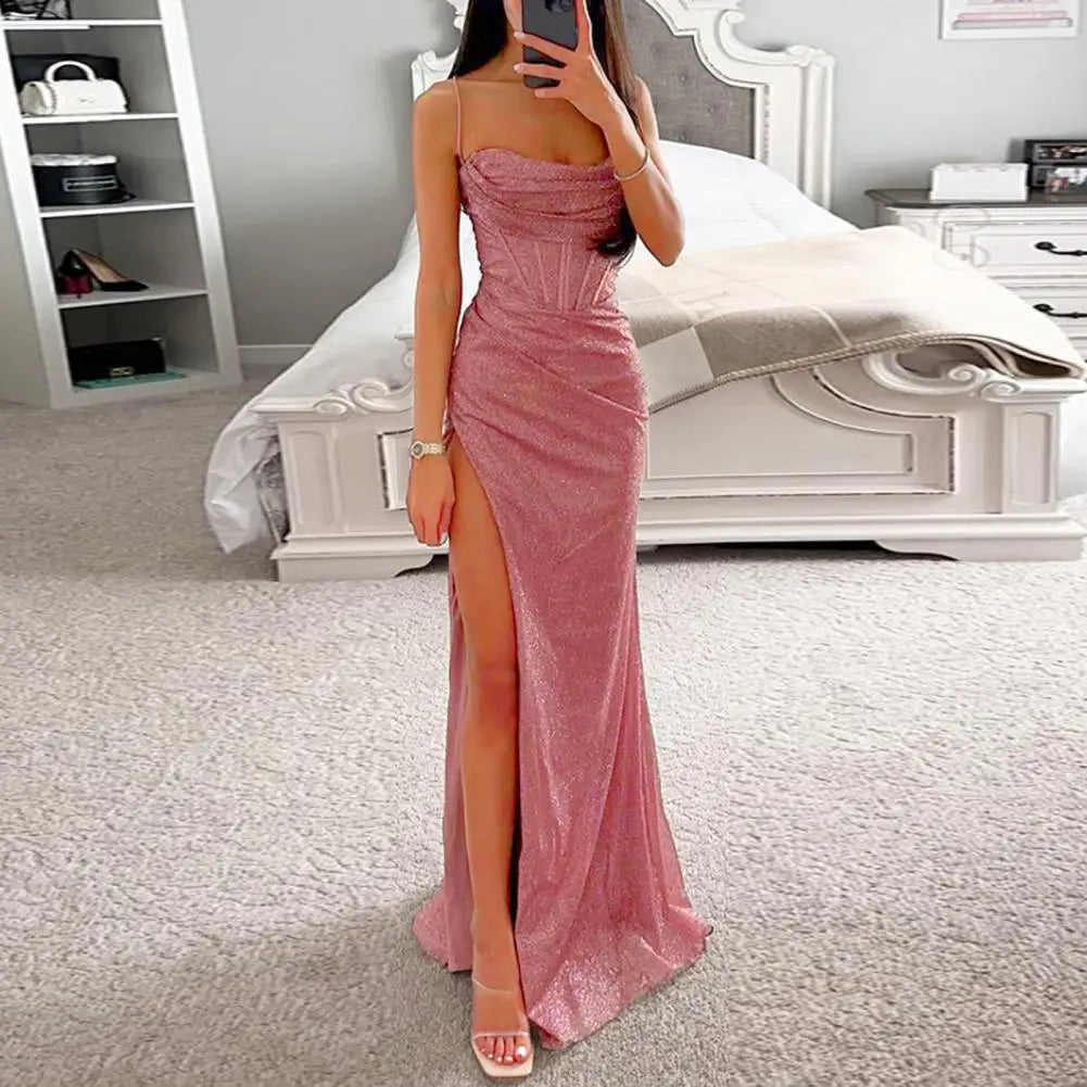 Sexy Women Evening Dress Spaghetti Strap Shiny Sequin Sleeveless Off Shoulder Low-cut High Split Prom Dress Long Party Dress