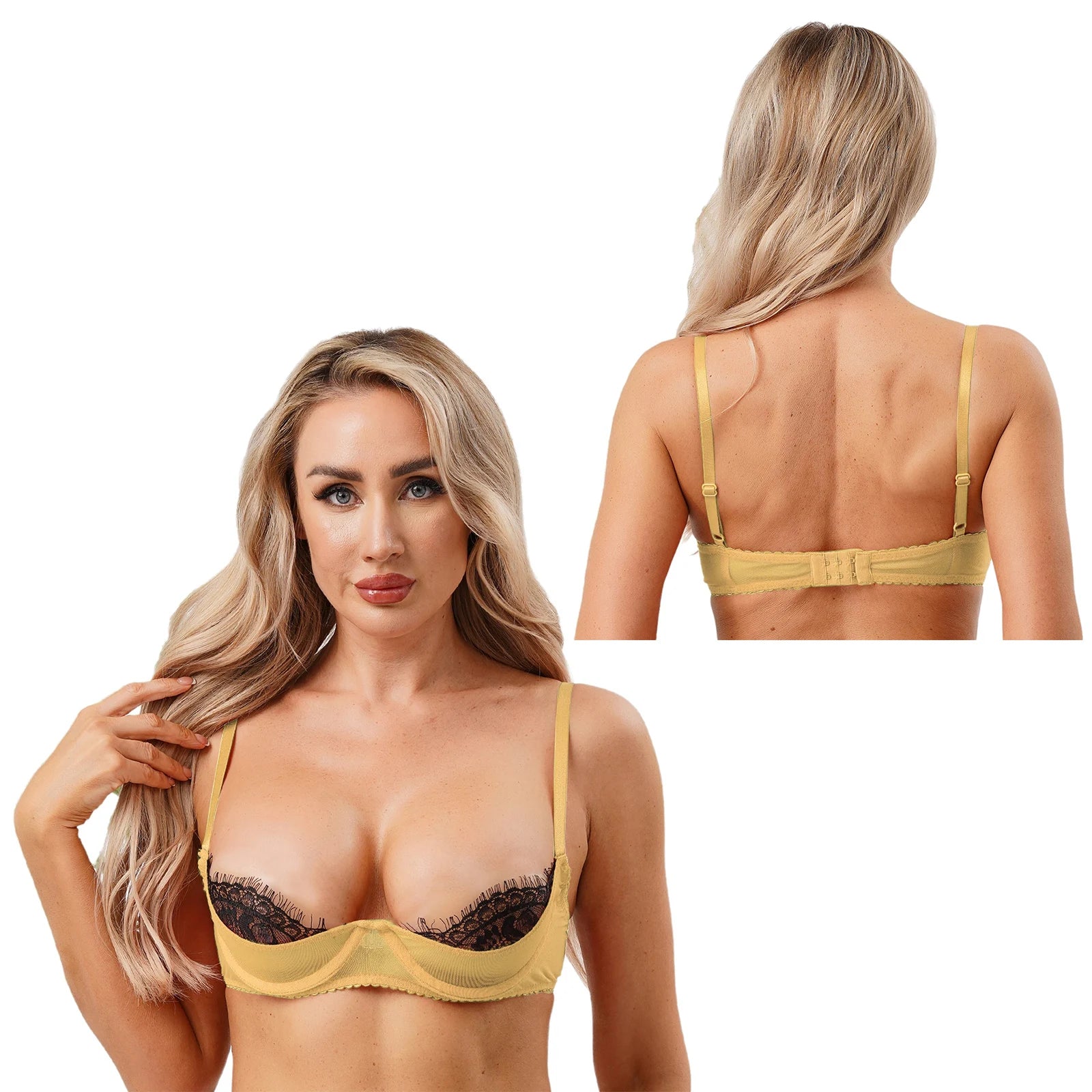Womens See Through Bra Lingerie Eyelash Lace Trim 1/4 Cup Push-up Underwire Balconette Bralette Everyday Bra Underwear