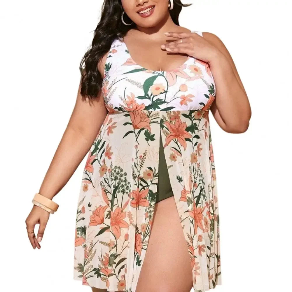 Plant Print Split Hem Monokini Flattering Plus Size One-piece Swimsuits for Women U-neck Summer Skirt Style Split Bathing Suit