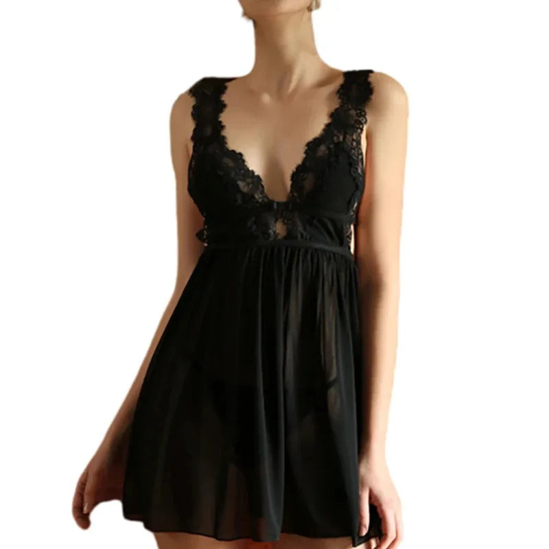 CINOON Summer Womens Sleepwear V-Neck Sexy Nightdress Casual Nightgown Comfortable Lace Pajama Solid Color Bifurcation Nightwear