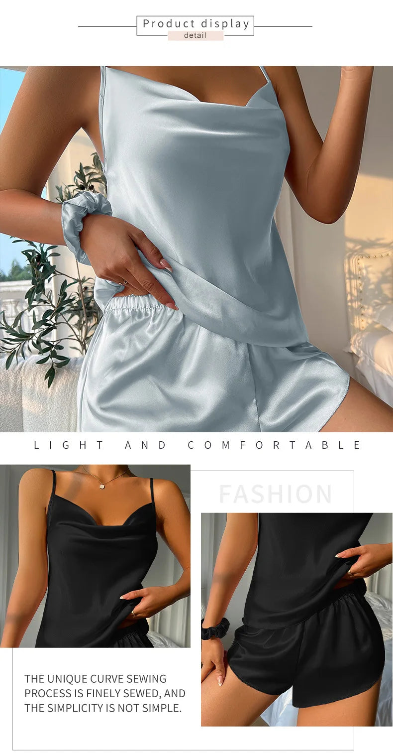 New 2026 Women’s Silk Satin Pajama Set Sexy Lingerie Sleeveless Camisole Tanks with Elastic Waist Sleepwear Loungewear Underwear