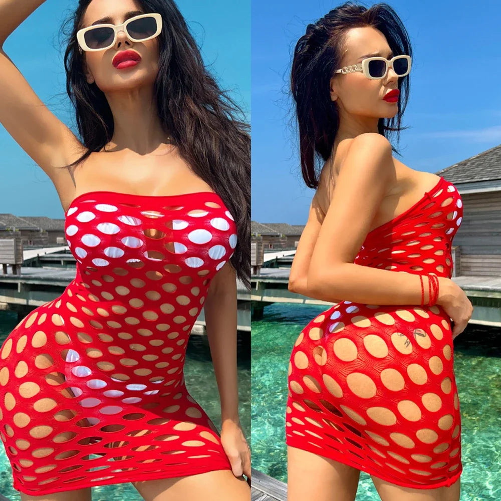 Sexy two - color beach dress, short transparent skirt with holes, sexier night party clothing, form - fitting minidress