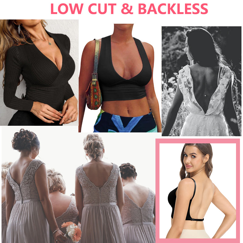 Seam-free Womens Low Cut Plunge Bra Wire Lifting Deep U Shaped Multi-Way Push Up Convertible Plunge Backless Sexy Bra