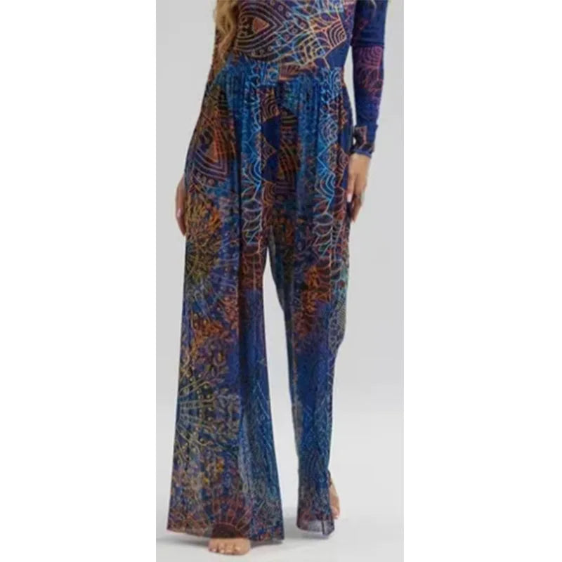 New Women's Fashionable and Sexy Printed Long Sleeved Swimsuit with Cup Cover Sun Protection Mesh Fabric One-piece Swimsuit