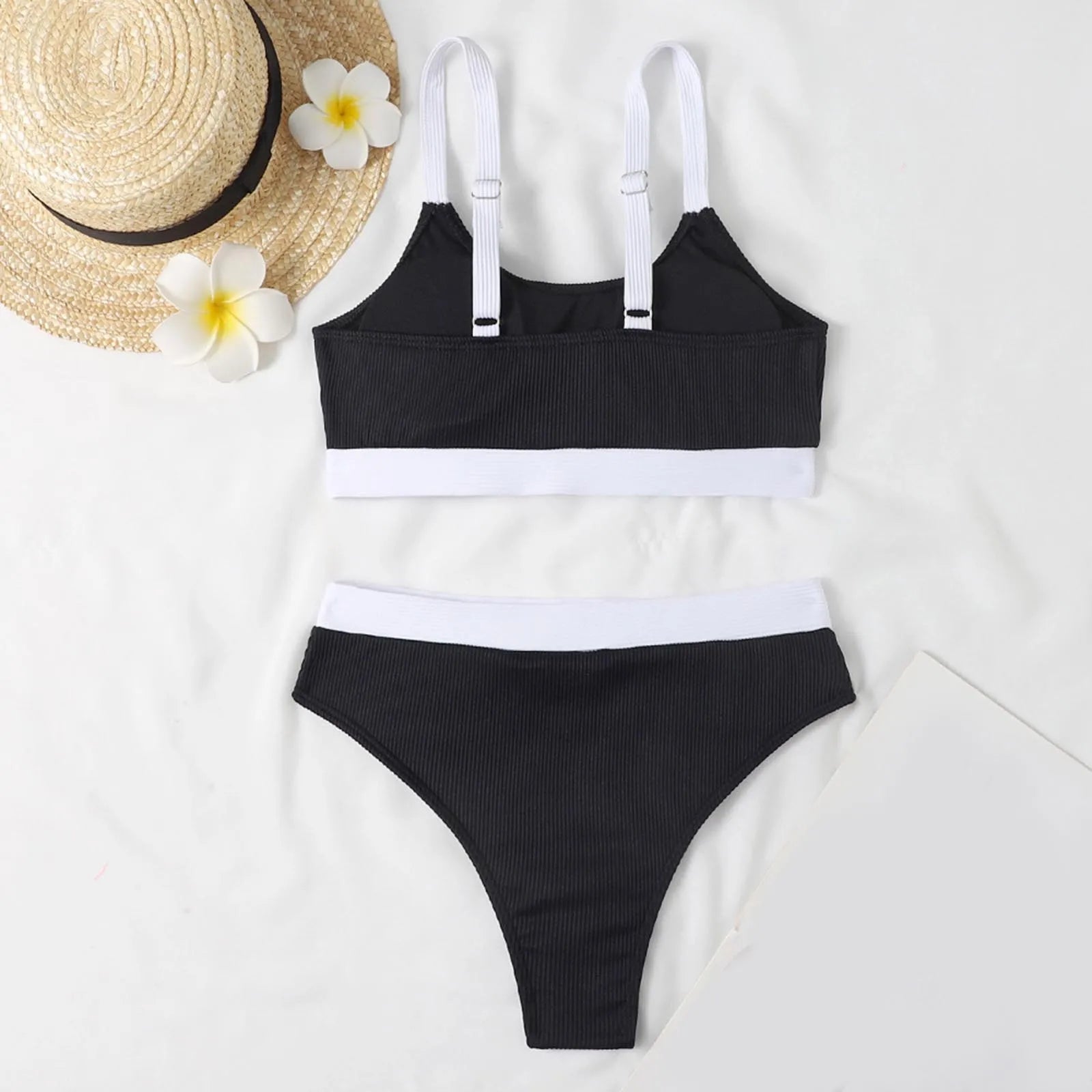 Color Block Swimsuits for Women Crew Neck Ribbed Stripe Bikini Bra High Waist Traceless Breath Comfty Fashion Bikinis Shorts