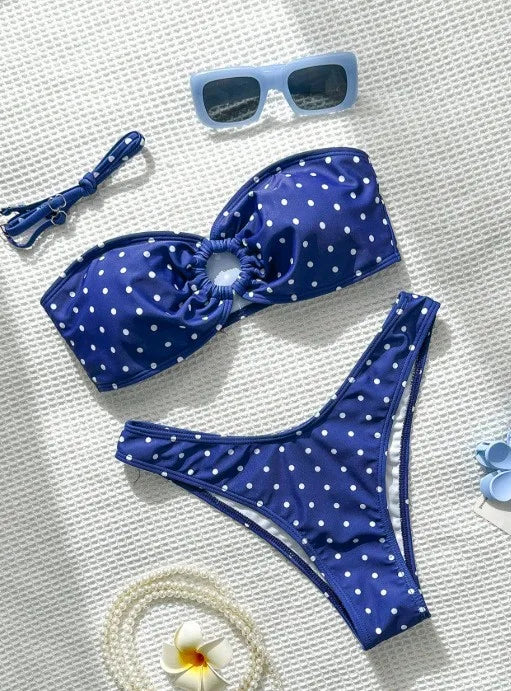2026 Bikini Woman 2025 Swimsuit Women Printed Bikinis Black Bandeau Top Thong Bottom Swimwear Polka Dot Two Piece High Cut