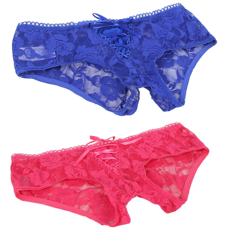Women's Lingerie Crotchless Panties Low-waist Lace Transparent Underwear Strappy Thongs Intimates Femme Erotic Briefs