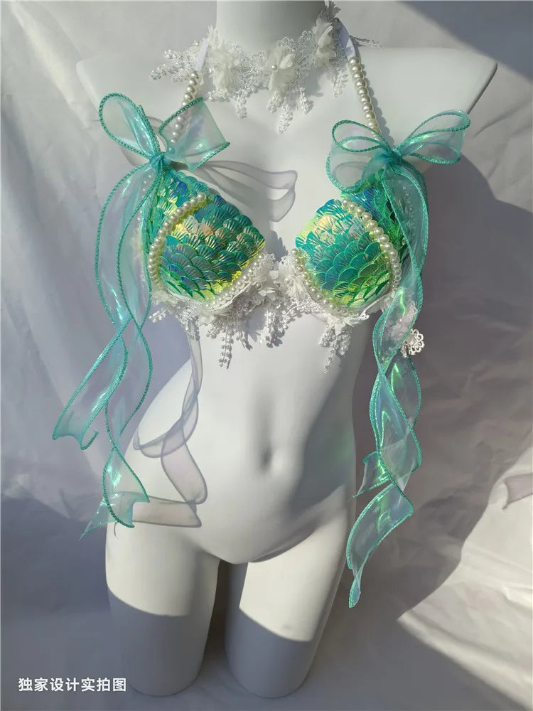 Super Beautiful Mermaid Bikini Sequin Bra Summer Swimming Free Diving Cosplay Mermaid Bra Oceanarium Bar Performance Clothing