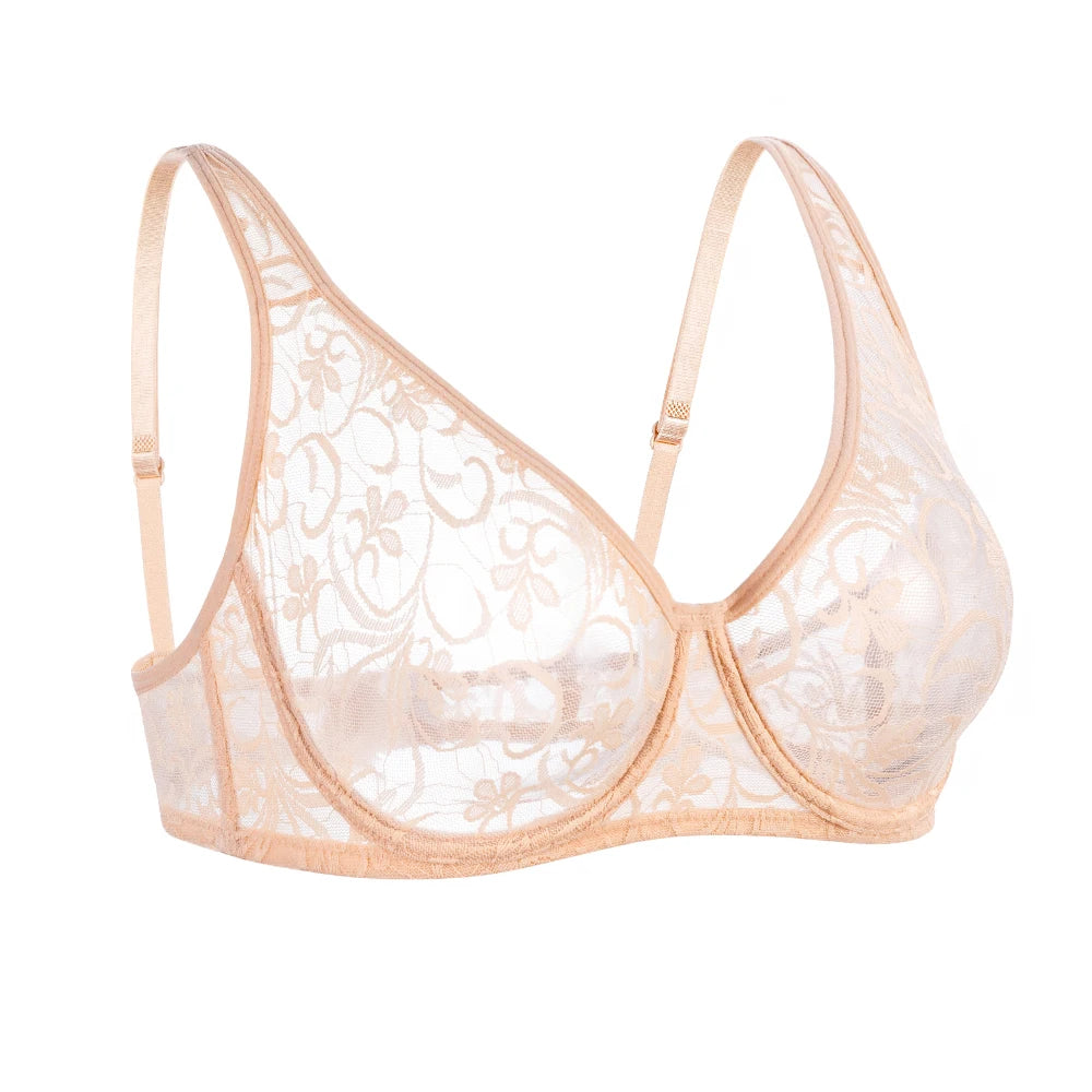 Sexy Women Embroidery Lace Sheer Bra Bralette Unpadded Lingerie Plus Size Plunge See Through Brassiere Bh 32-52 A B C D Cup