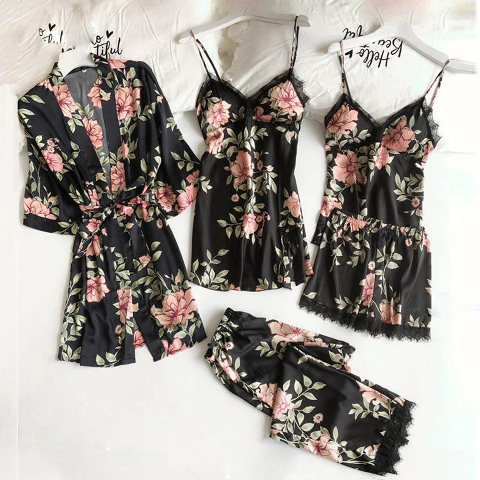 Women'S Printed Sleepwear Loose And Comfortable Lace Five Piece Set Sleeveless Camisole Nightdress Home Clothing Bathrobe