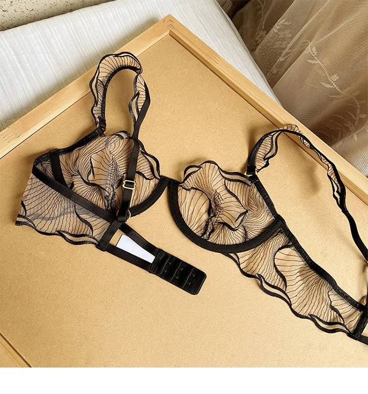 Erotic Lingerie Sets Sheer Transparent Lace Bras for Women Sexy Embroidery Push Up Bra and Thong Matching Set  Underwear Women