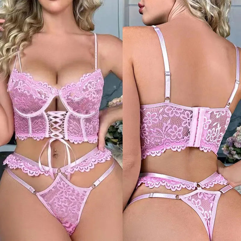 Erotic Lingerie Sexy Lace Underwear 2-Piece Bra Kit Push Up See Through Intimate  Bandage Bilizna Set Fancy Outfits