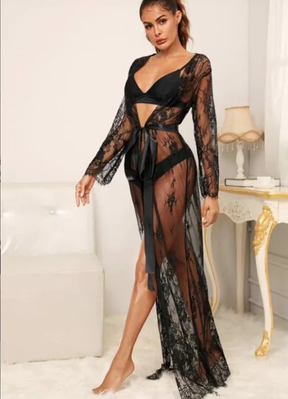 Temptation Perspective Lace Long Robe Nightgown Intimate Lingerie Sexy Mesh Kimono Bathrobe Gown Loose Casual Home Dress Pajama