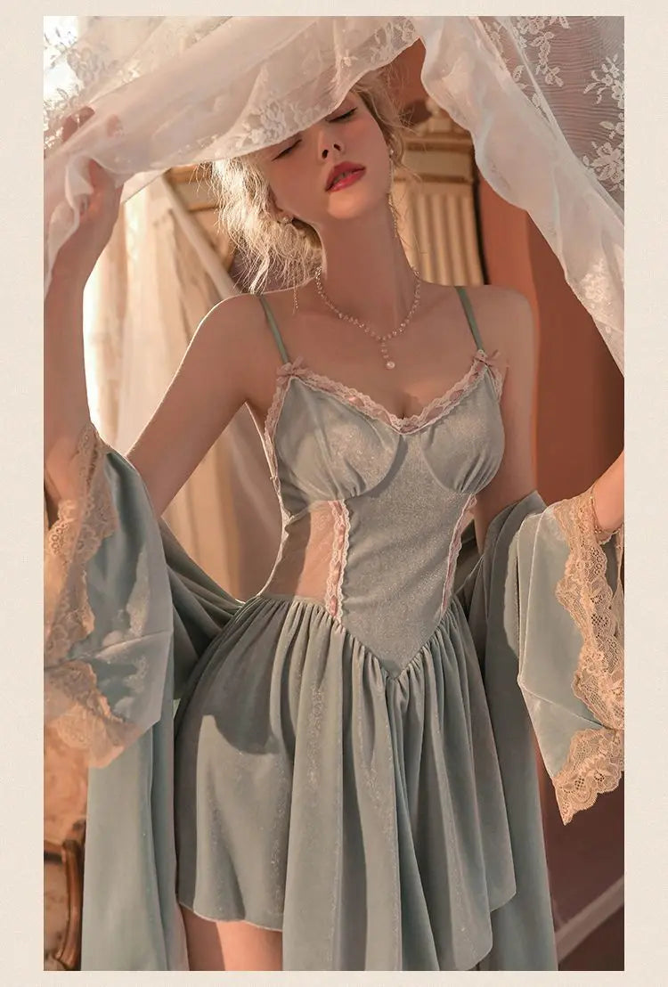Women Robe Nightwear Lace French Nightgown Sleepwear Hollow out velvet camisole Lingerie Robe 2022 Spring Autumn Set Sexy Sweet