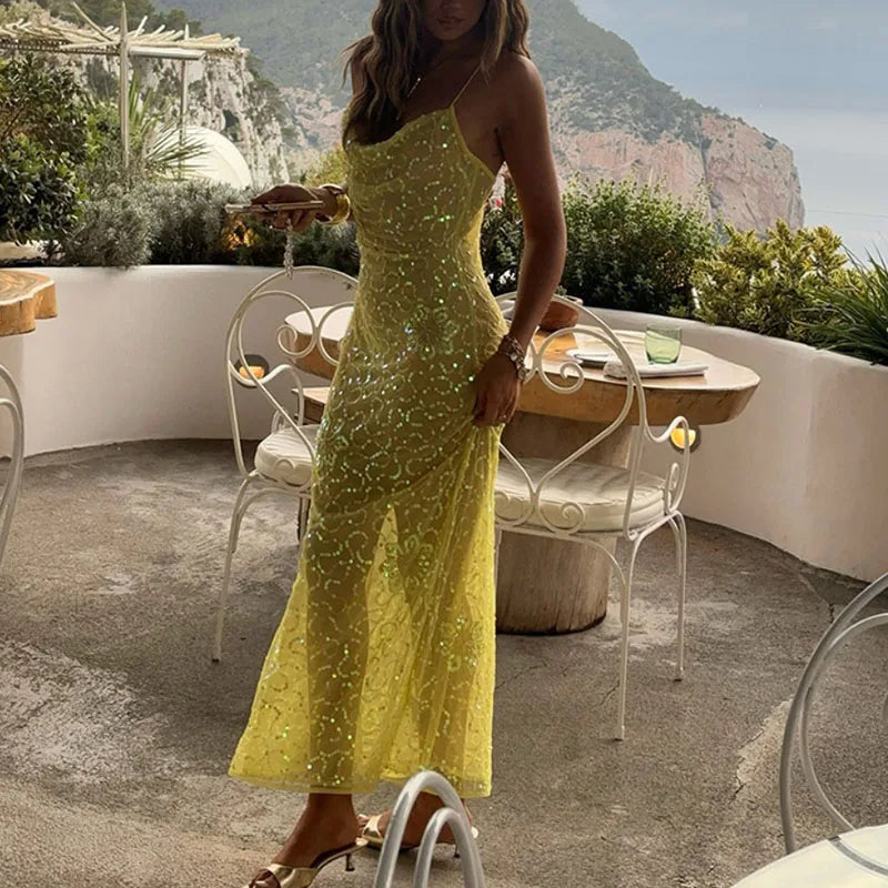 Sexy Fit Pure Sequins See-through Beach Dress Fashion Halter Sleeveless Hollow Out Robes Lady Simple Hollow Out Party Maxi Dress