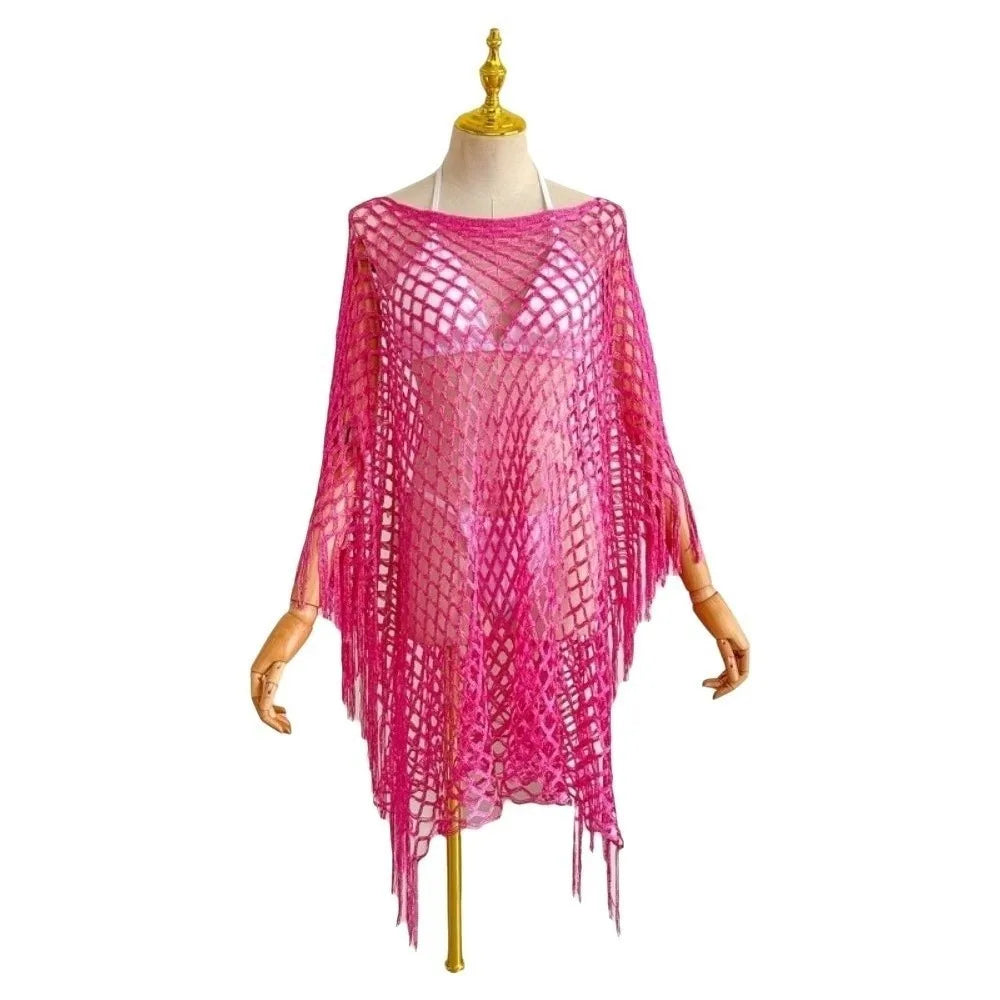 Fashion Tassel Sunscreen Cover-up Loose Fit Plus Size Bohemian Shawl Casual Crochet Fishnet Swimsuit Cover Up Summer